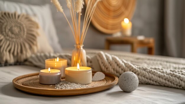 Photo des bougies brûlantes, des parfums aromatiques, un diffuseur organique naturel, un plateau en bambou en bois, un concept de maison confortable.