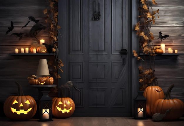 bougies de citrouille d'Halloween et décoration sur le fond d'un mur en bois et de la porte AI généré