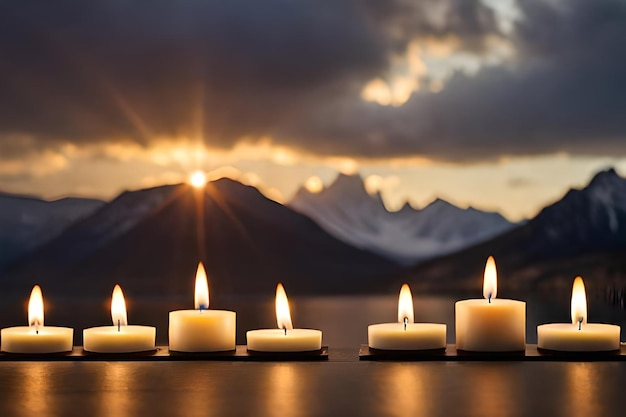 bougies avec un coucher de soleil en arrière-plan