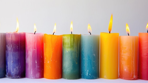 Photo des bougies de couleurs vives alignées sur un fond blanc propre chaque bougie brûlant brillamment