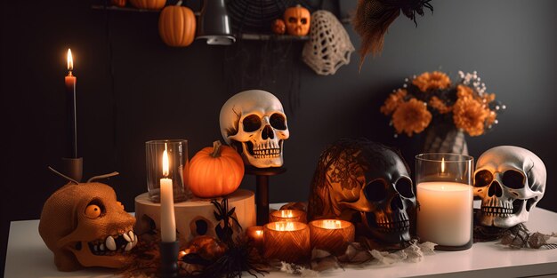 Bougies de crâne et décorations de citrouille sur la table IA générée