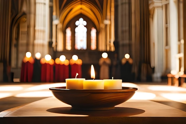 Photo bougies dans une église avec une croix sur la table