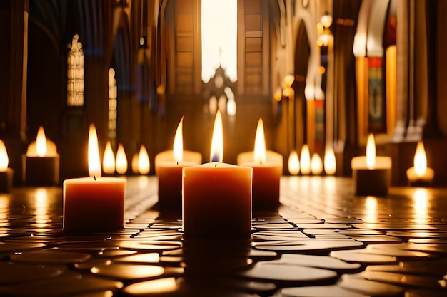 Bougies dans une église avec une église en arrière-plan.