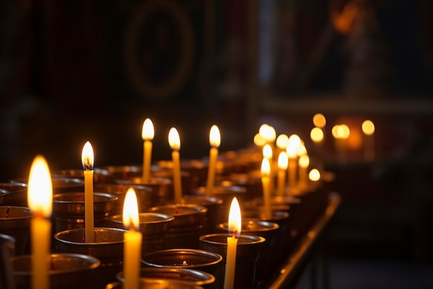 Bougies dans un fond d'église orthodoxe chrétienne La flamme des bougies dans l'intérieur sacré sombre du temple génère ai