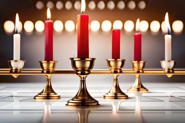 Bougies devant une église avec un fond de lumières et une croix.