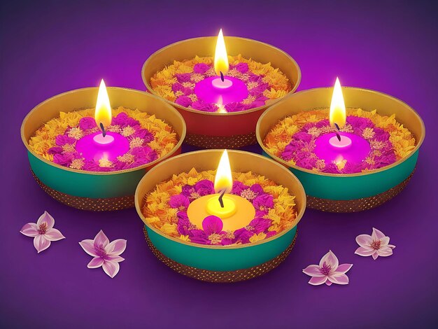 Des bougies Diwali magnifiquement décorées placées sur un plateau décoré