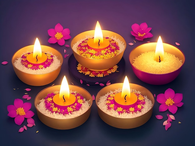 Des bougies Diwali magnifiquement décorées placées sur un plateau décoré