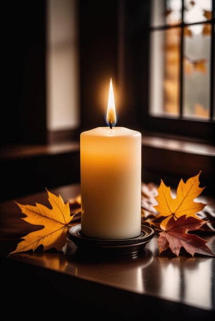Des bougies et des feuilles d'automne sur un fond doucement éclairé