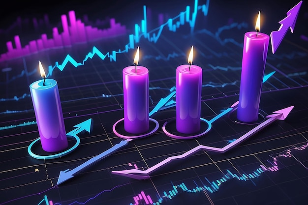 Les bougies et les flèches bleues et violettes indiquent la croissance du marché boursier ou des crypto-monnaies sur un graphique financier