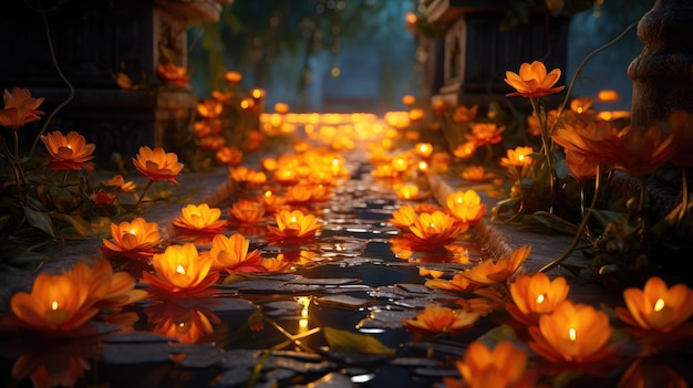 Des bougies et des fleurs de marguerite orange décorent la route en pierre.