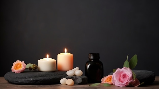 Bougies et fleurs sur une table avec un fond noir