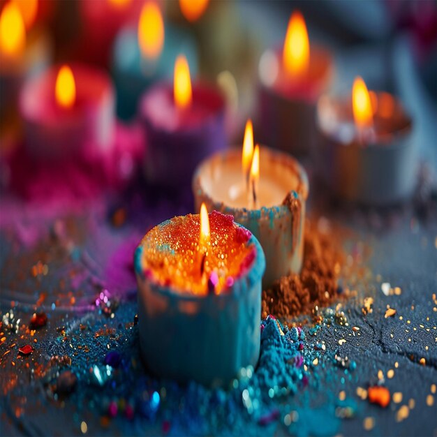 Des bougies en forme de cœur et des fleurs sur un fond sombre