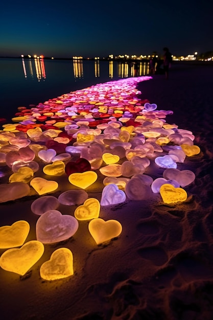Bougies en forme de coeur sur la plage la nuit