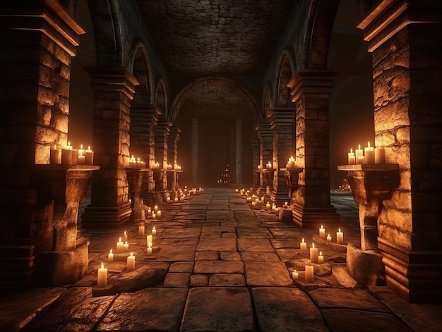 Des bougies illuminent le passage dans le donjon le long du chemin de pierre