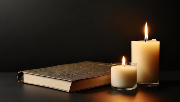 Photo bougies et livres sur la table sur un fond sombre détail intérieur confortable