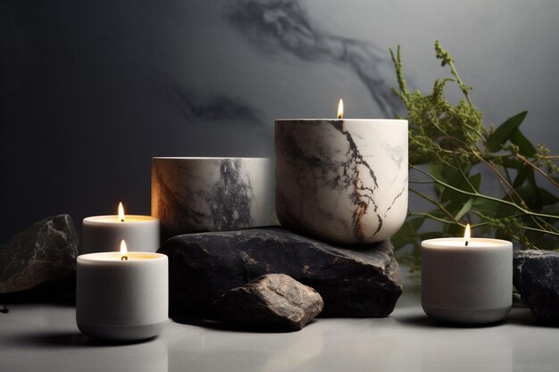 Des bougies à motif de marbre allumées en harmonie tranquille sur une surface de pierre accompagnées d'une subtile
