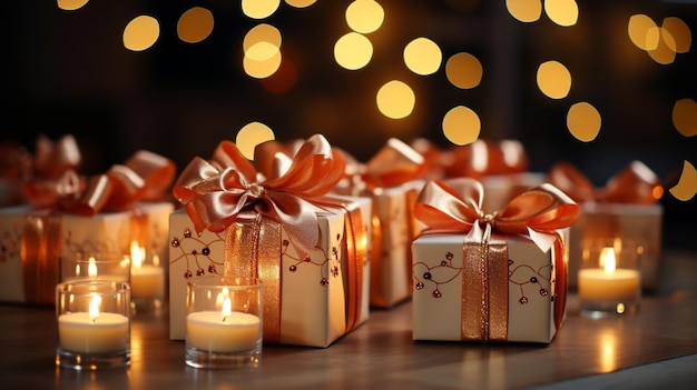 Les bougies de Noël enflammées et les cadeaux avec des nœuds rouges sont floues.