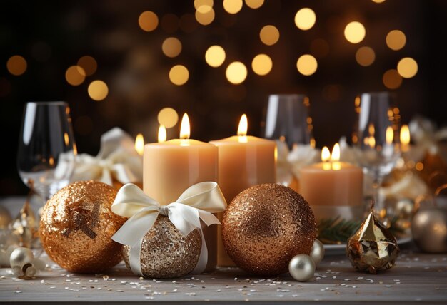 Des bougies et des ornements sont disposés sur une table avec un arbre de Noël en arrière-plan.