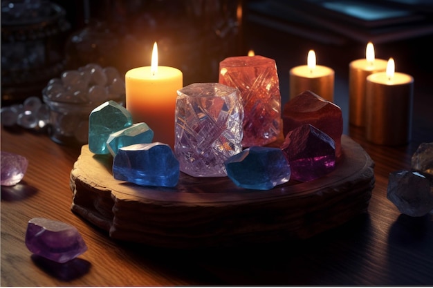 Des bougies et des pierres de cristal sur une table en bois de style vintage