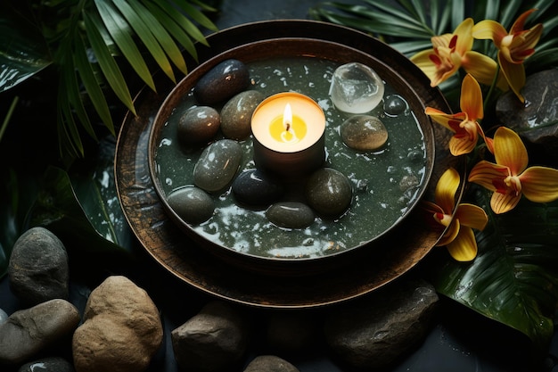 Des bougies et des pierres de spa nichées au milieu d'un feuillage tropical luxuriant sur un gris clair.