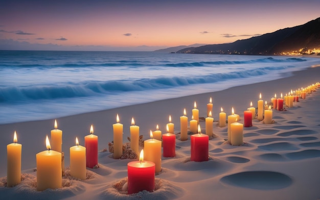 Bougies sur la plage face à l'océan