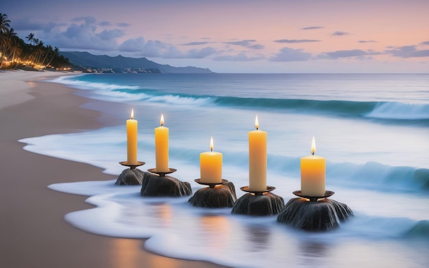 Bougies sur la plage face à l'océan