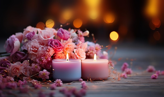 Bougies de rêve colorées sur fond bokeh sur une table en bois entourée de fleurs roses