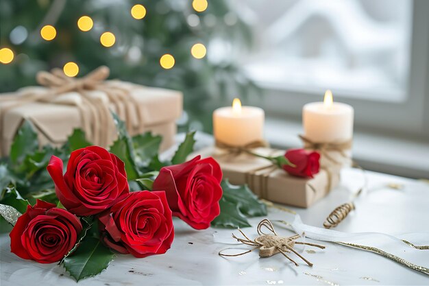 Des bougies et des roses rouges sur une table blanche avec une boîte