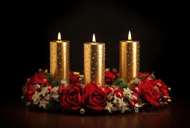 bougies rouges et dorées dans une couronne dans le style de natures mortes réalistes