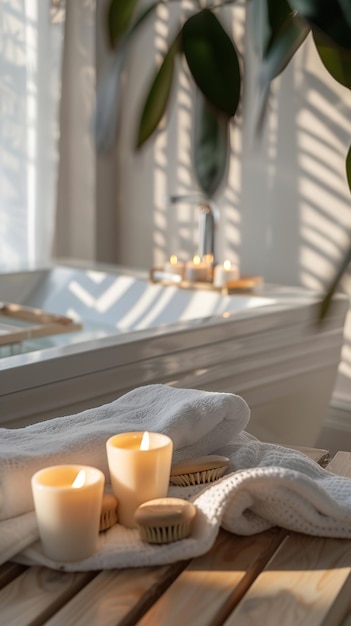 Des bougies et une serviette douce préparent le décor pour une expérience de bain tranquille