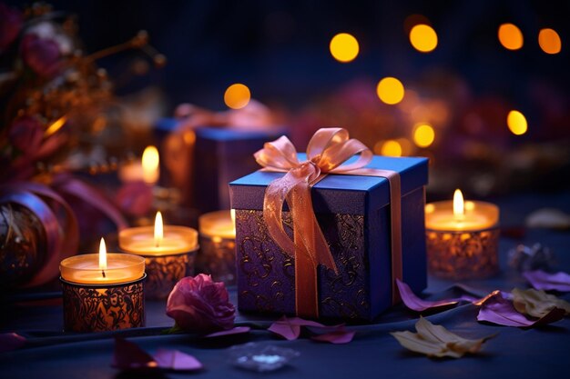 Des bougies sont allumées et assis sur une table avec un cadeau génératif ai