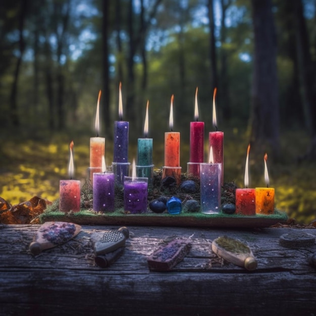 Des bougies sont allumées dans un cadre forestier avec des rochers et des pierres ai générative