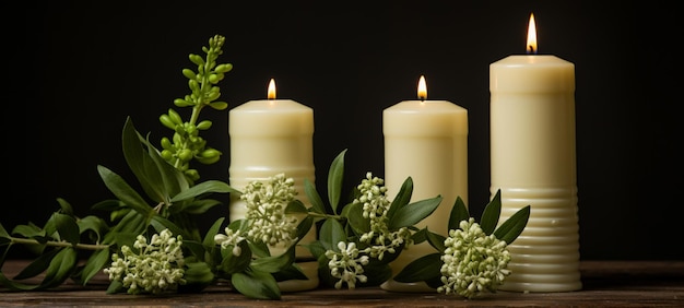 Des bougies sont allumées et entourées de verdure sur une table en bois.