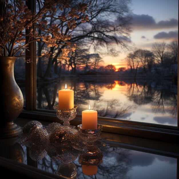 Photo des bougies sont allumées sur une table près d'une fenêtre surplombant un lac.