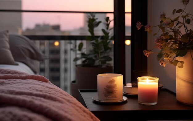 Des bougies sur une table en bois à l'intérieur d'une chambre à coucher moderne