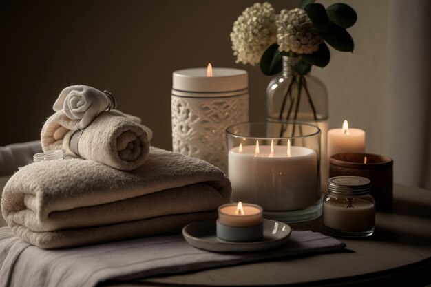 Photo bougies sur une table avec un vase de fleurs et une bougie dessus