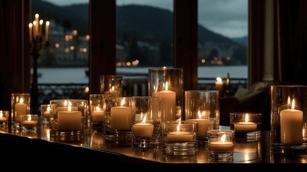 Bougies sur une table avec vue sur les montagnes en arrière-plan