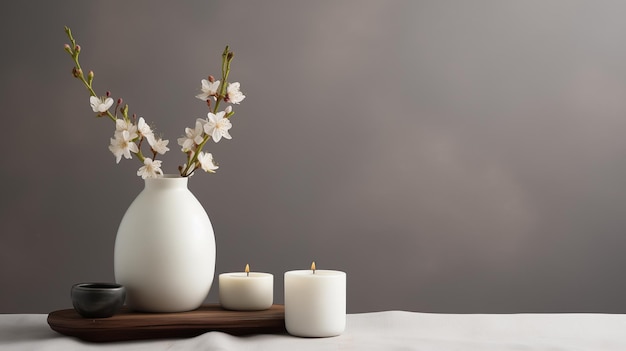 Des bougies et un vase avec des fleurs sur une table