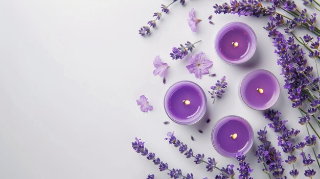 Photo des bougies violettes et des fleurs de lavande sur fond blanc