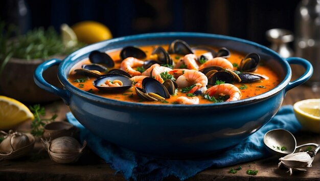 Photo bouillabaisse culinaire avec des crevettes succulentes préparées dans une charmante cuisine rustique