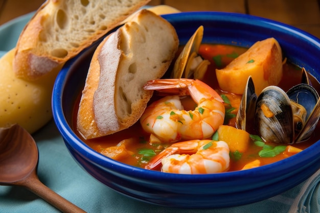 Bouillabaisse dans un bol en céramique bleu avec tranches de baguette et crevettes sur le côté