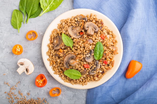 Bouillie d'épeautre (blé dinkel) avec des légumes et des champignons sur une plaque en céramique sur un fond de béton gris. Vue de dessus, gros plan.