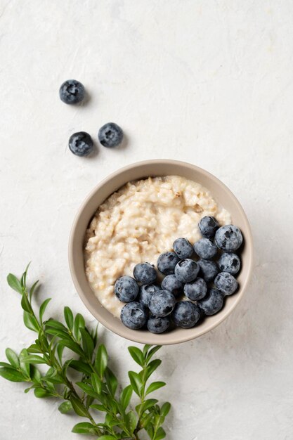 Bouillie de flocons d'avoine aux myrtilles dans un bol sur fond bleu avec branche. Le concept d'un petit déjeuner délicieux, nutritif et sain. Vue de dessus et espace de copie.