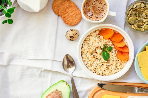 bouillie de flocons d'avoine pour le petit déjeuner, produits laitiers et plus