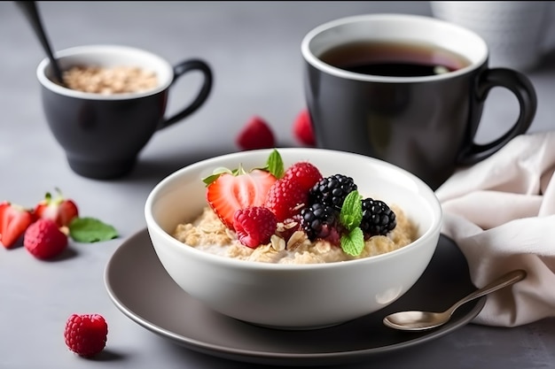 Bouillie de flocons d'avoine pour le petit-déjeuner traditionnel avec des baies IA générative