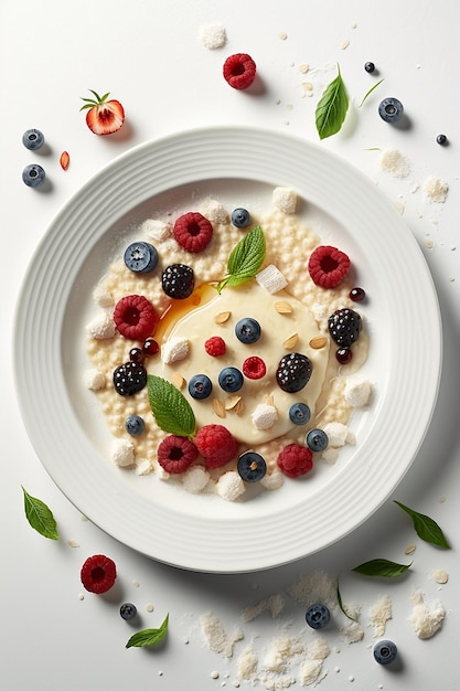 Bouillie de petit-déjeuner sain avec des baies sur une assiette isoler sur fond blanc Generative AI