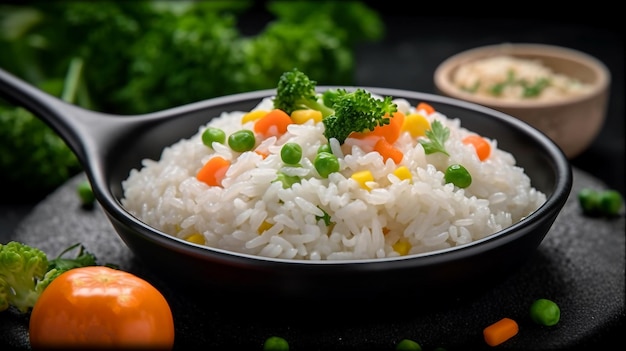 Bouillie de riz cuit servi avec herbes et légumes sur plaque noire