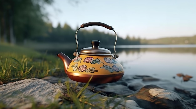 Une bouilloire au bord d'un lac avec une forêt en arrière-plan.