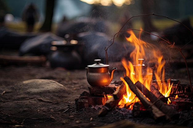 Bouilloire sur un feu de camp dans la forêt Camping Le feu de camp et la théière sont au premier plan et concentrés, il y a une tente en arrière-plan et une IA déconcentrée générée