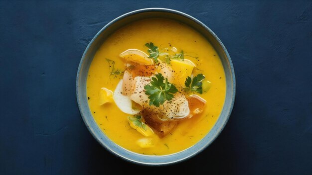 Photo un bouillon de crème de manioc chaud dans un bol bleu, une soupe jaune, une photo verticale, un espace de copie instagram.